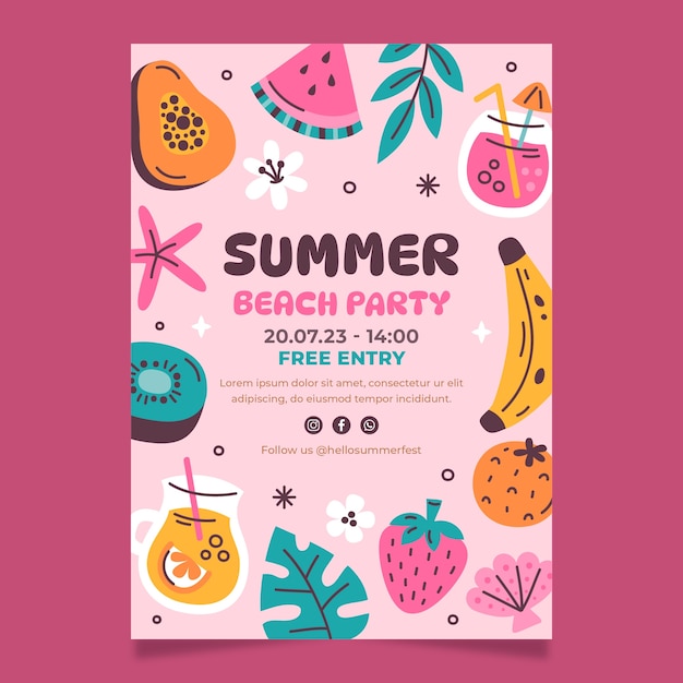 Vector gratuito plantilla de invitación de fiesta plana para la celebración de la temporada de verano