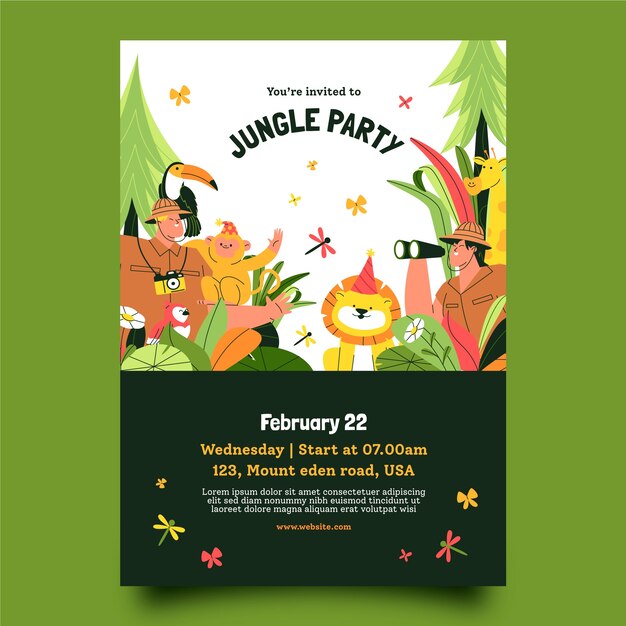 Plantilla de invitación de fiesta safari con animales salvajes