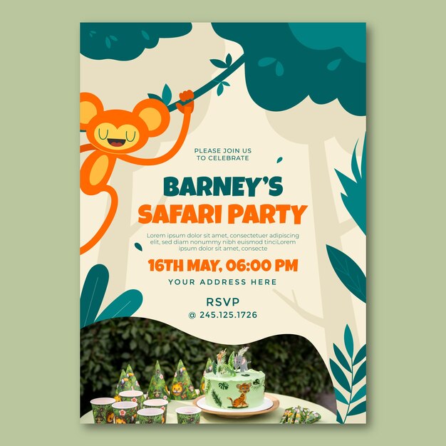Plantilla de invitación de fiesta safari con animales salvajes