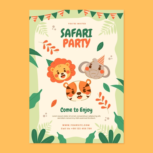 Plantilla de invitación de fiesta safari con animales salvajes
