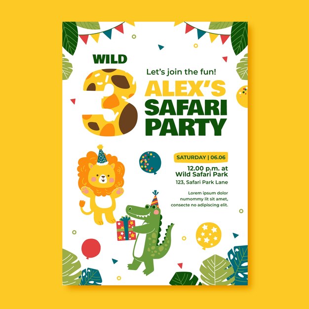 Plantilla de invitación de fiesta de safari de diseño plano