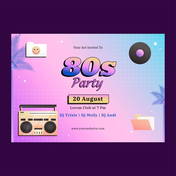 Vector gratuito plantilla de invitación de fiesta temática de degradado de los años 80