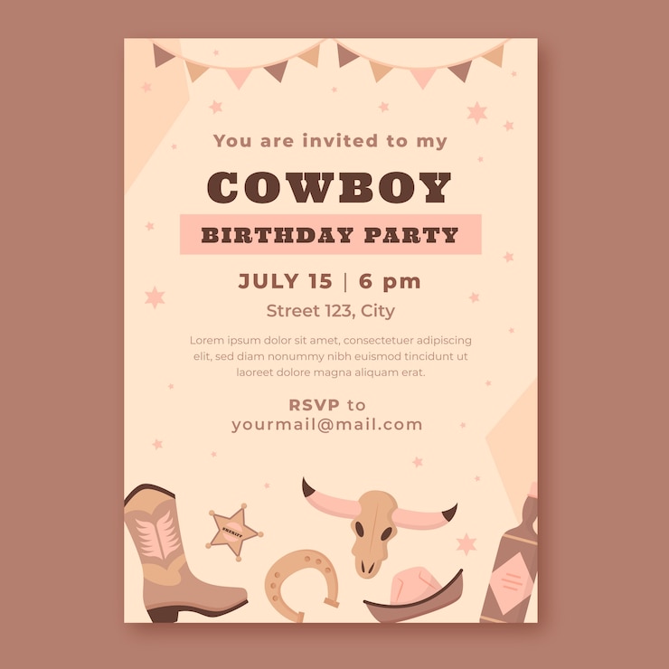 Vector gratuito plantilla de invitación de fiesta vaquera plana