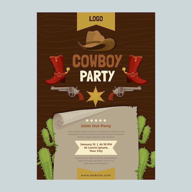 Plantilla de invitación de fiesta vaquera plana