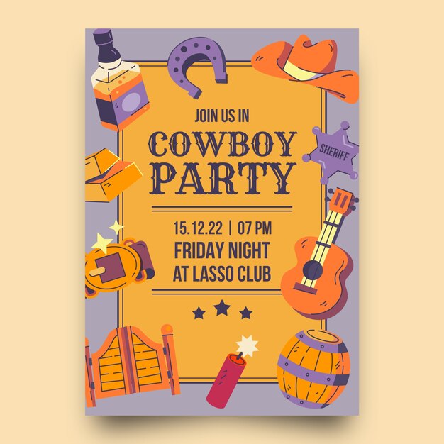 Plantilla de invitación de fiesta vaquera plana