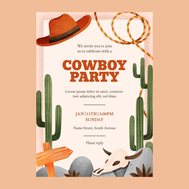 Plantilla de invitación de fiesta de vaquero en acuarela