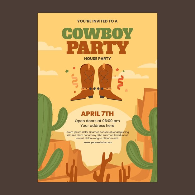 Plantilla de invitación de fiesta de vaqueros dibujada a mano