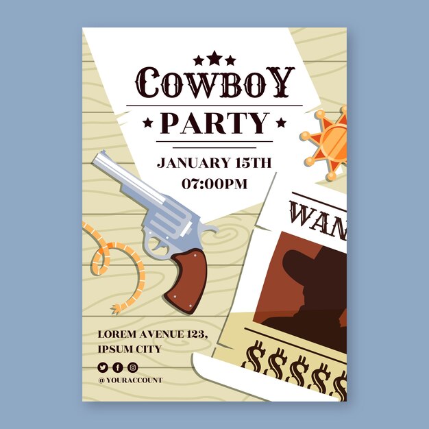 Plantilla de invitación de fiesta de vaqueros dibujada a mano