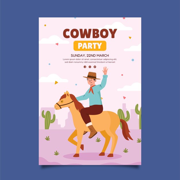 Plantilla de invitación de fiesta de vaqueros dibujada a mano