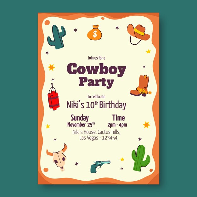 Plantilla de invitación de fiesta de vaqueros de diseño plano