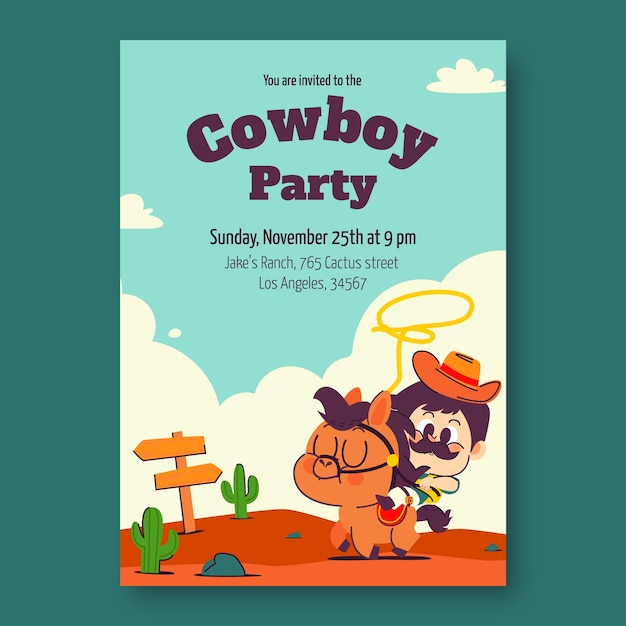 Vector gratuito plantilla de invitación de fiesta de vaqueros de diseño plano