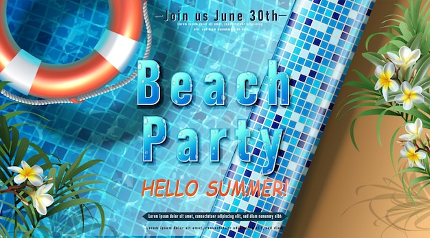 Plantilla de invitación para fiesta de verano Fiesta en la piscina con anillos inflables en el agua