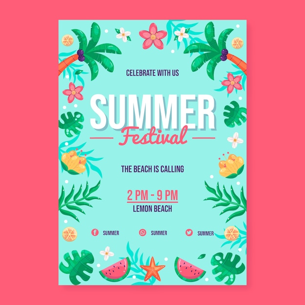 Vector gratuito plantilla de invitación de fiesta de verano plana con frutas y hojas