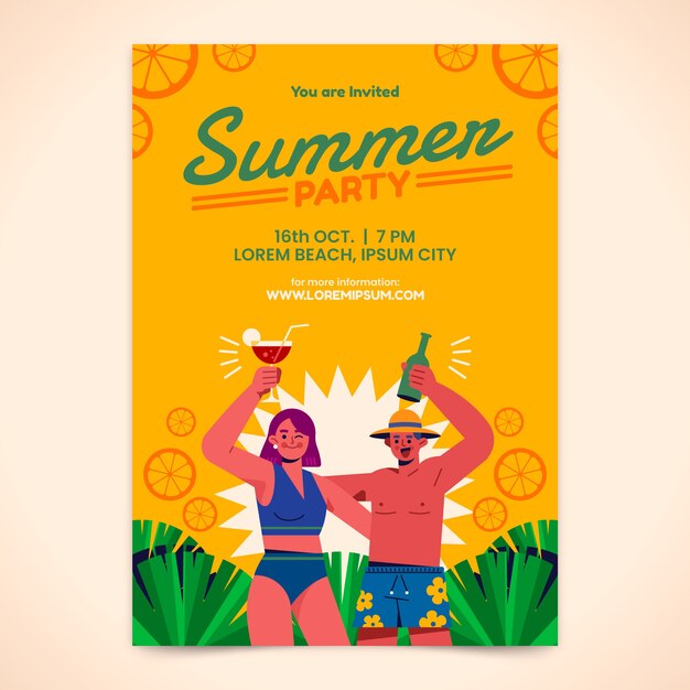 Plantilla de invitación de fiesta de verano plana con personas