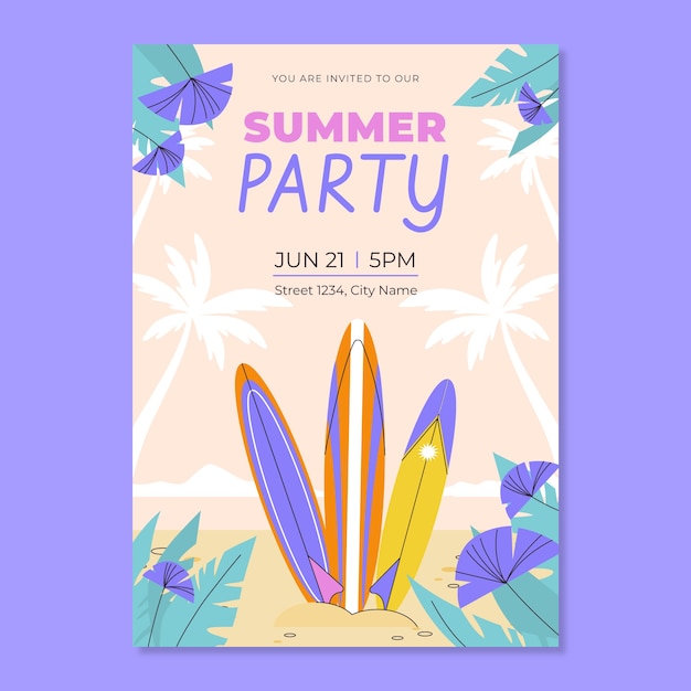 Plantilla de invitación de fiesta de verano plana con tablas de surf en la playa