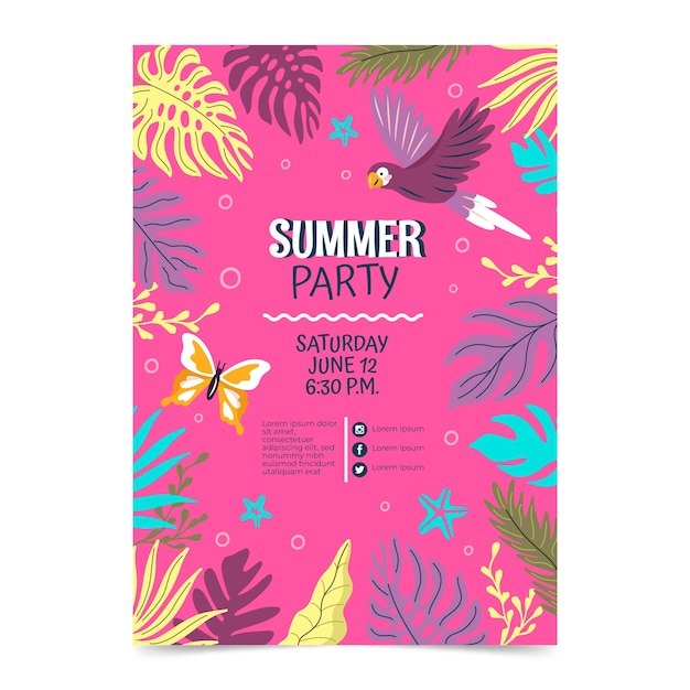 Vector gratuito plantilla de invitación de fiesta de verano plana con vegetación y mariposa