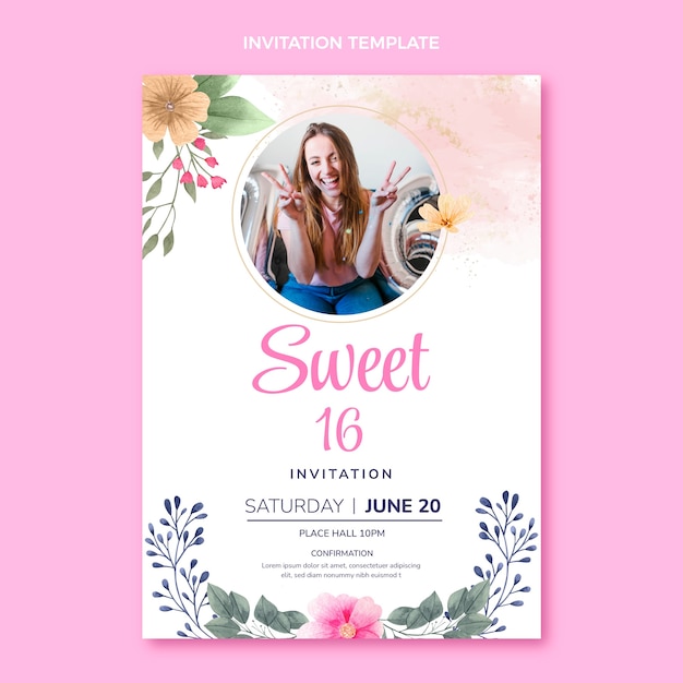 Vector gratuito plantilla de invitación floral dulce 16 en acuarela