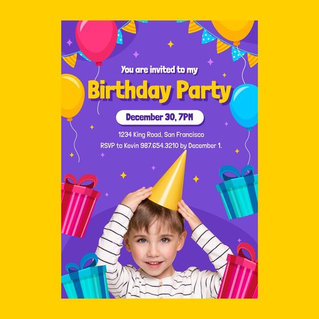 Plantilla de invitación de globos de cumpleaños de diseño plano