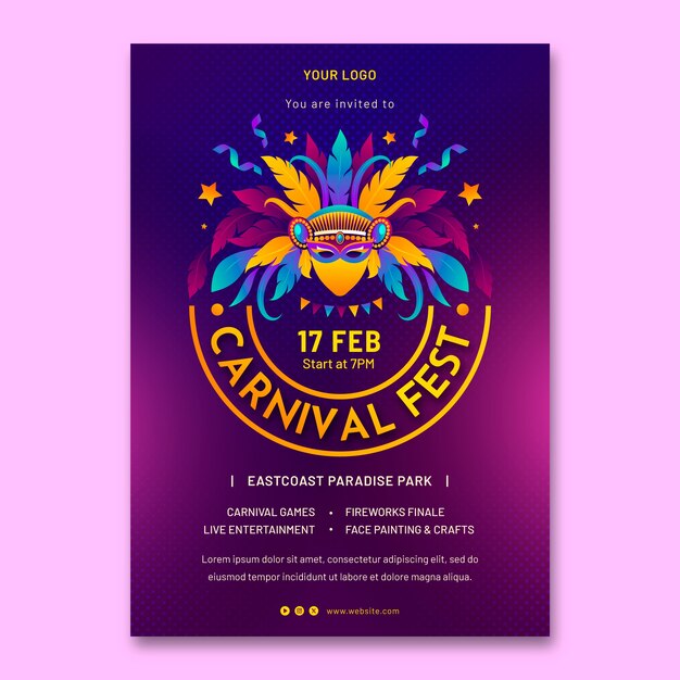 Plantilla de invitación de gradiente para la fiesta de carnaval