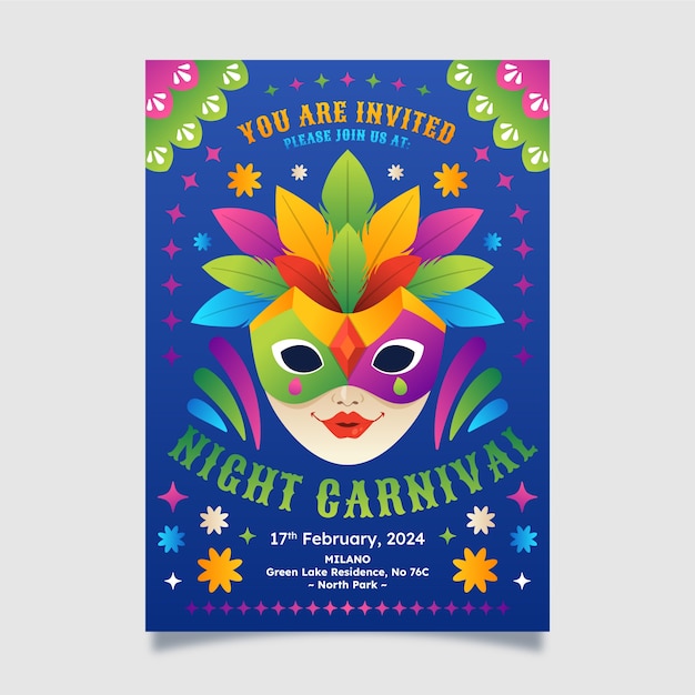 Vector gratuito plantilla de invitación de gradiente para la fiesta de carnaval