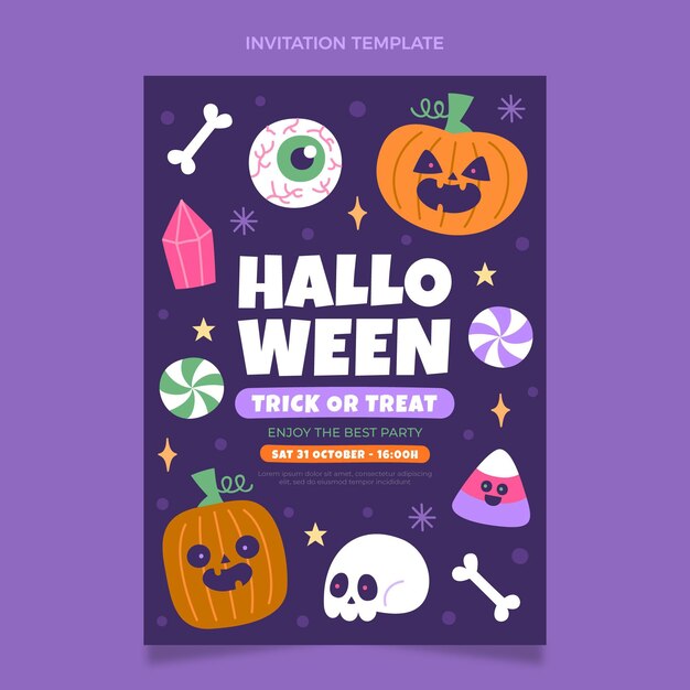 Plantilla de invitación de halloween plana dibujada a mano