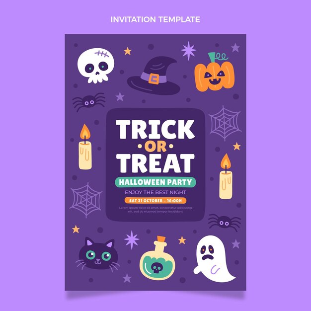 Plantilla de invitación de halloween plana dibujada a mano