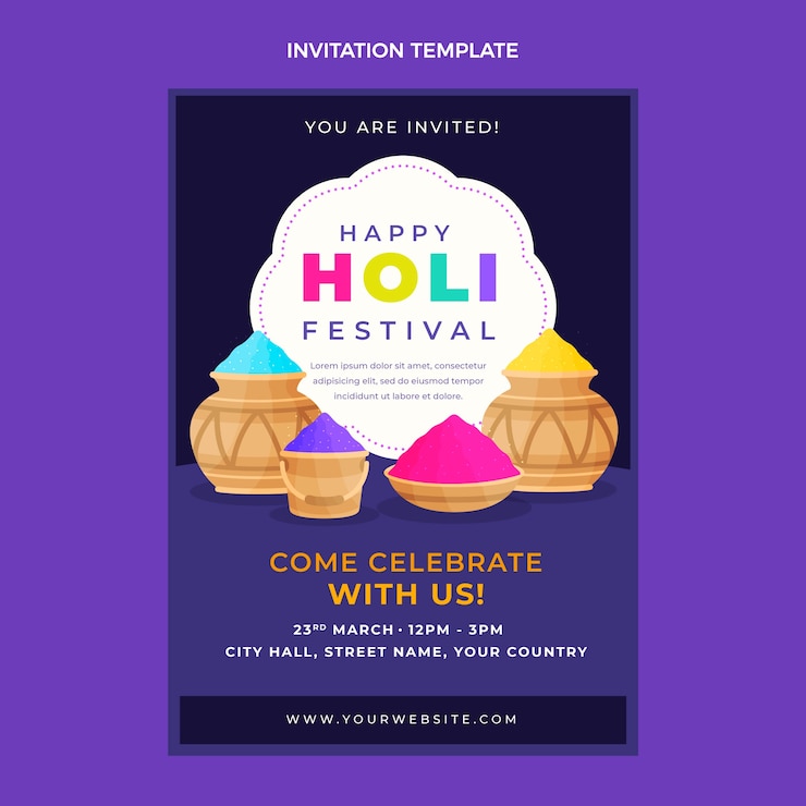 Vector gratuito plantilla de invitación holi dibujada a mano