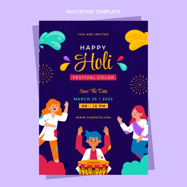 Vector gratuito plantilla de invitación holi plana