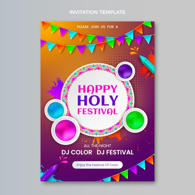 Vector gratuito plantilla de invitación holi realista