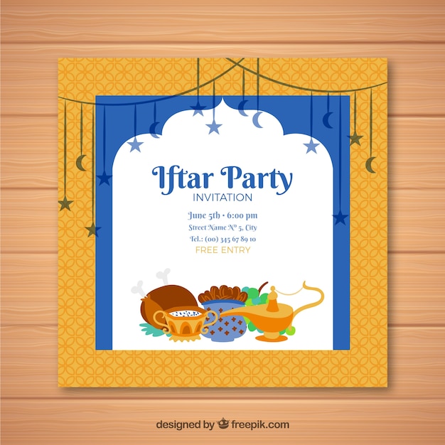 Plantilla de invitación para iftar azul y amarilla