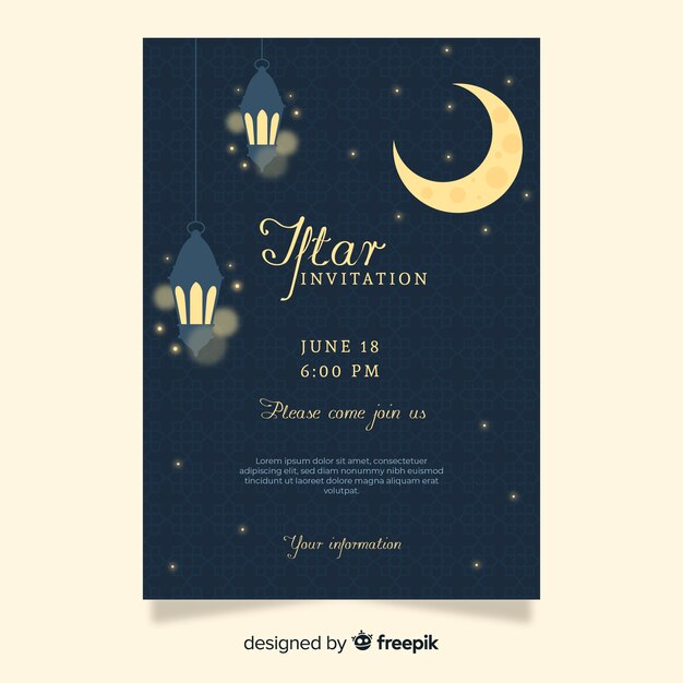 Plantilla de invitación de iftar en diseño plano