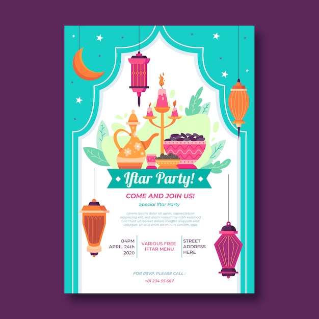 Vector gratuito plantilla de invitación de iftar de diseño plano