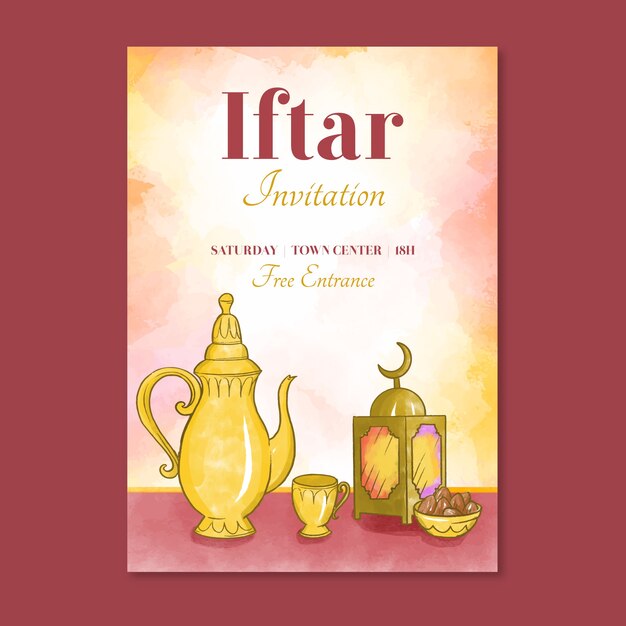 Plantilla de invitación de iftar con imagen de acuarela