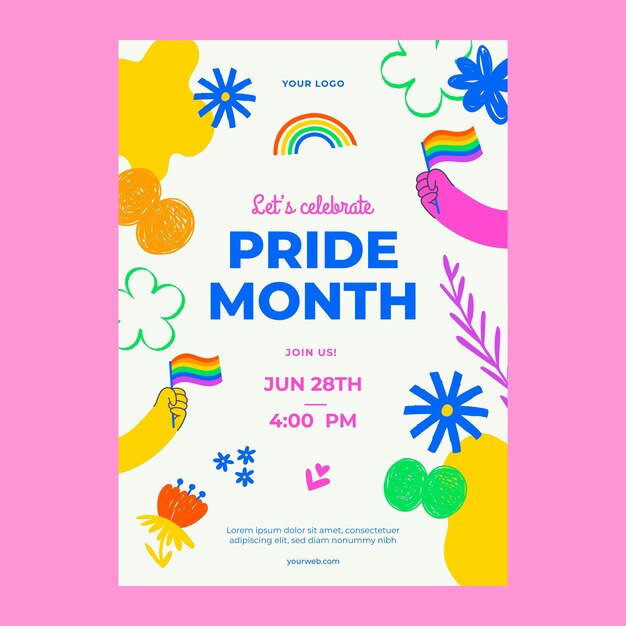 Plantilla de invitación del mes del orgullo dibujada a mano