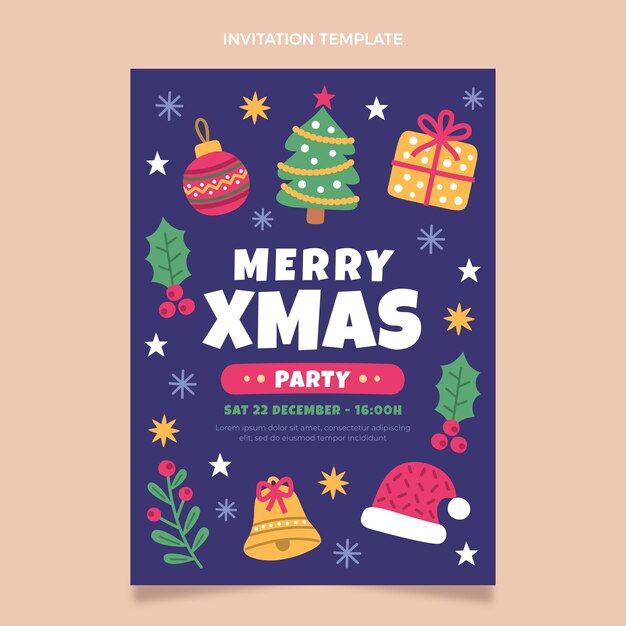 Plantilla de invitación de navidad plana dibujada a mano