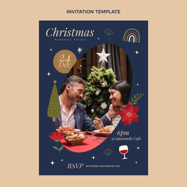 Vector gratuito plantilla de invitación de navidad plana dibujada a mano