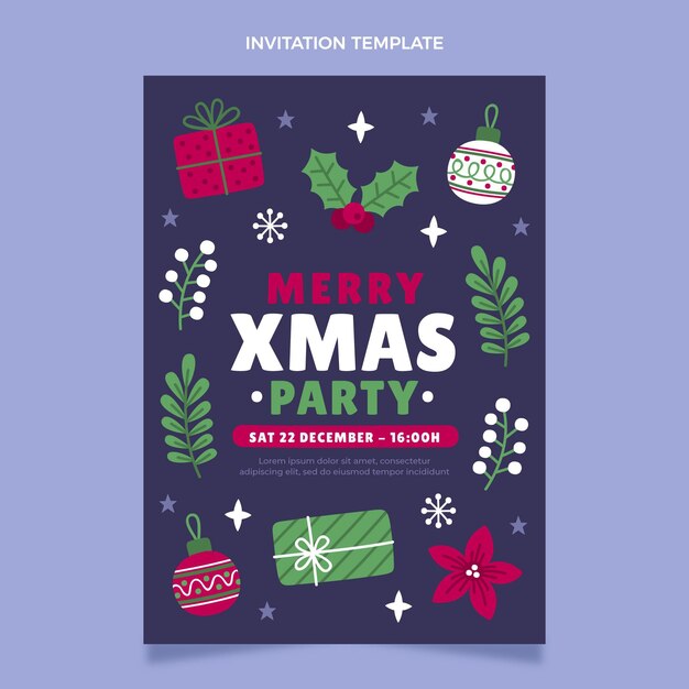 Plantilla de invitación de navidad plana dibujada a mano