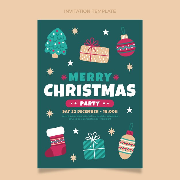 Plantilla de invitación de navidad plana dibujada a mano