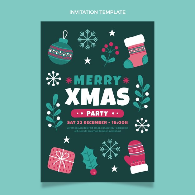 Plantilla de invitación de navidad plana dibujada a mano