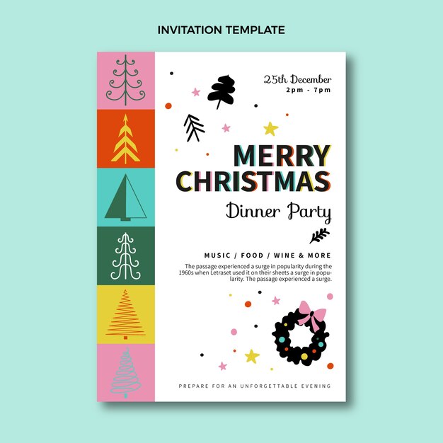 Plantilla de invitación de navidad plana dibujada a mano
