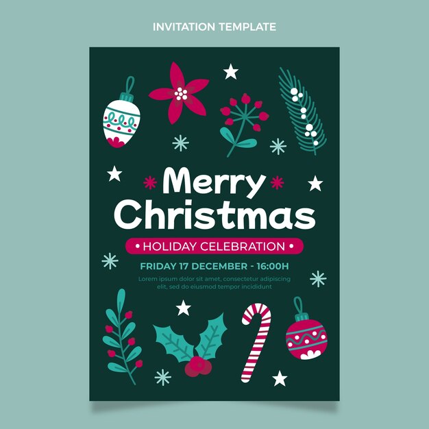 Plantilla de invitación de navidad plana dibujada a mano