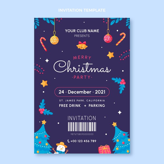Plantilla de invitación de navidad plana dibujada a mano