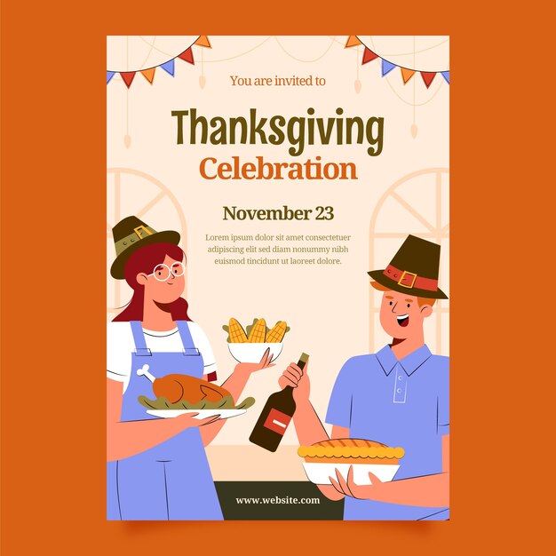 Plantilla de invitación plana para celebración de acción de gracias con gente celebrando con comida
