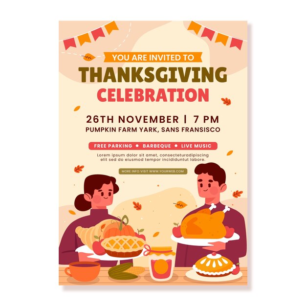 Vector gratuito plantilla de invitación plana para la celebración de acción de gracias con gente en la mesa
