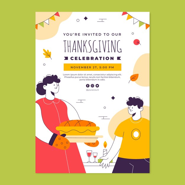 Plantilla de invitación plana para celebración de acción de gracias