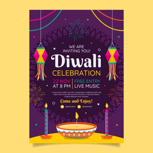 Plantilla de invitación plana para la celebración del festival diwali