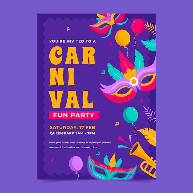 Vector gratuito plantilla de invitación plana para la celebración de una fiesta de carnaval