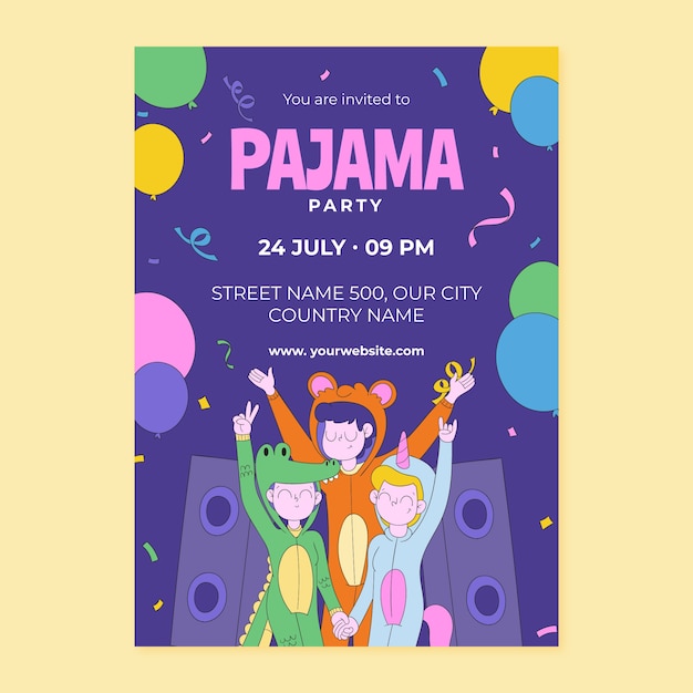 Vector gratuito plantilla de invitación plana para celebración de fiesta de pijamas