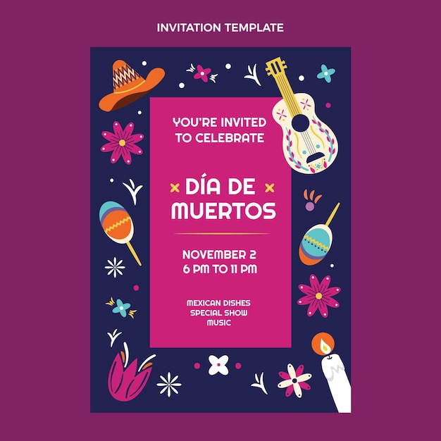 Vector gratuito plantilla de invitación plana dia de muertos dibujada a mano