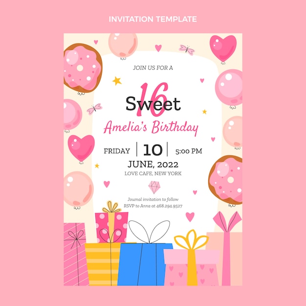Plantilla de invitación plana para dulces dieciséis